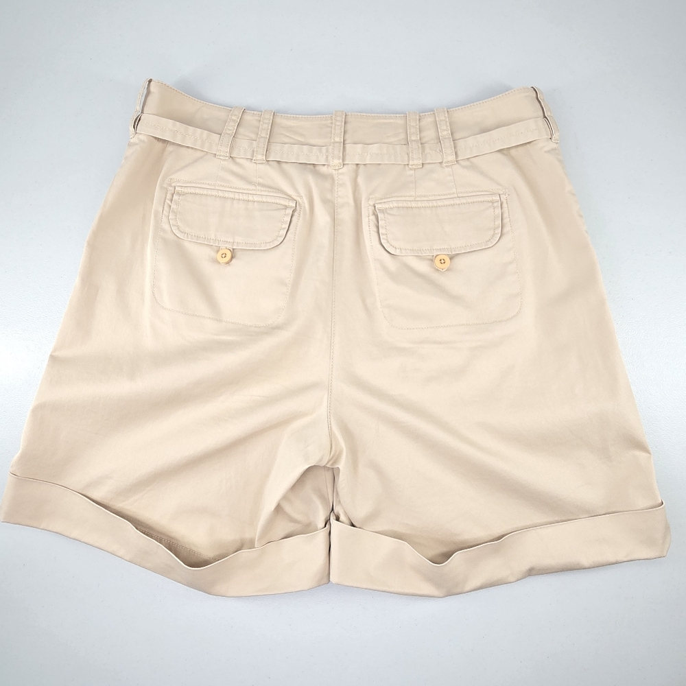 J.Jill High Rise Belted Cotton Twill Chino Shorts Pleated Cuffed Khaki Size 12 - Picture 2 of 6